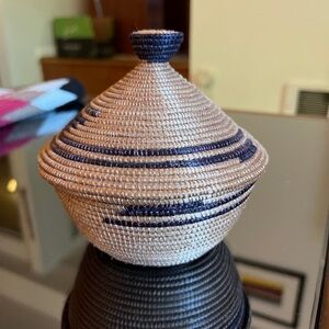 Handwoven Tan and Blue Basket with Lid